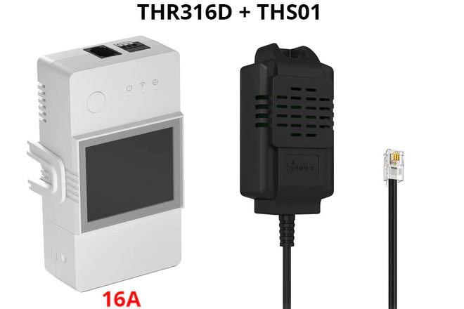 Sonoff THR316D реле с дисплеем с дистанционным управлением через WiFi, 230В, 16А с датчиком температуры и относительной влажности Sonoff THS01 