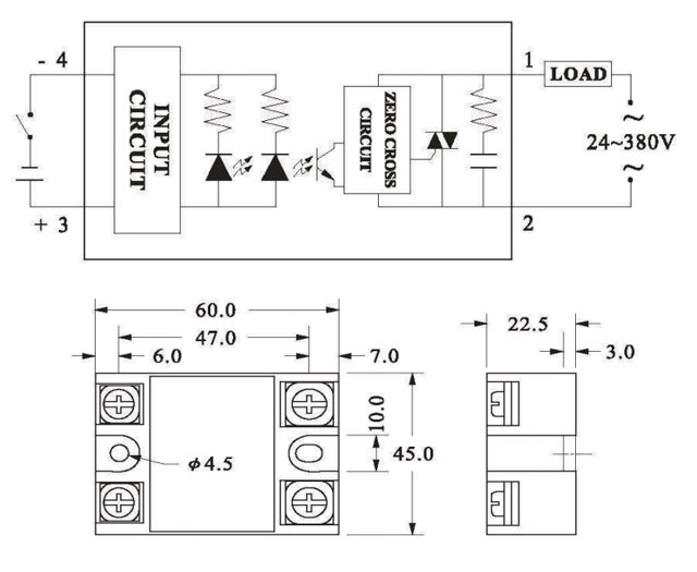 Схема подключения и габариты твердотельного реле FOTEK SSR-10 DA