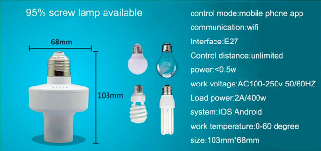 Технические характеристики патрона для лампы Slampher Sonoff E27 WiFi